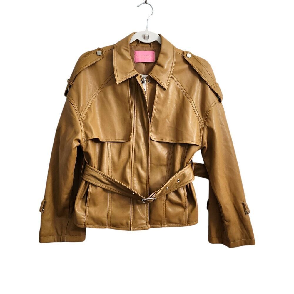 Azalea Wang Jacket Womens Medium Camel Tan Faux Leather Belted Short Trench Moto